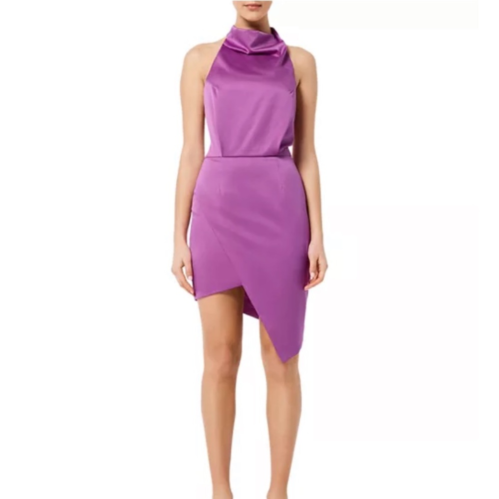 Elliatt Camo Asymmetric Satin Halter Dress in Orchid